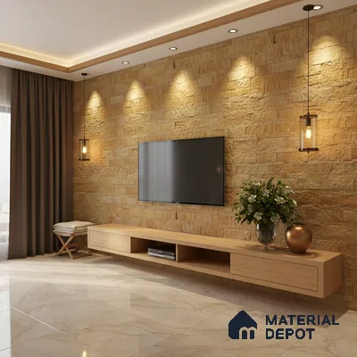 Modern living room with beige stone cladding accent wall and light oak laminate TV unit in Bengaluru