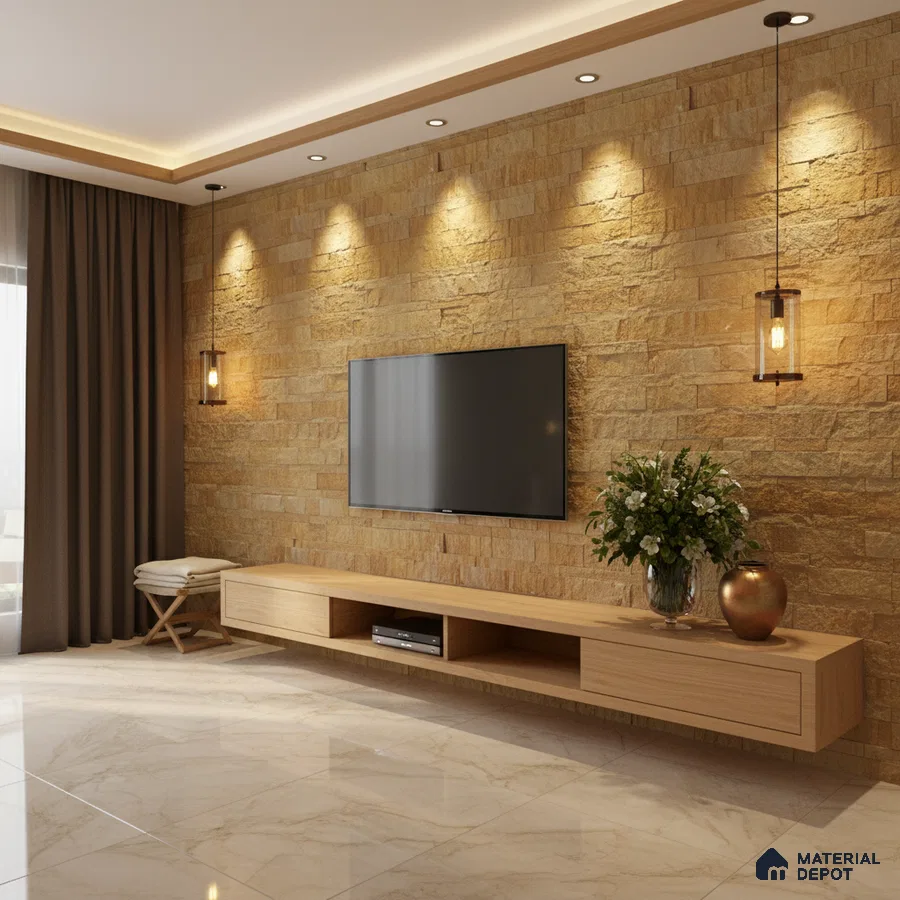 Modern living room with beige stone cladding accent wall and light oak laminate TV unit in Bengaluru