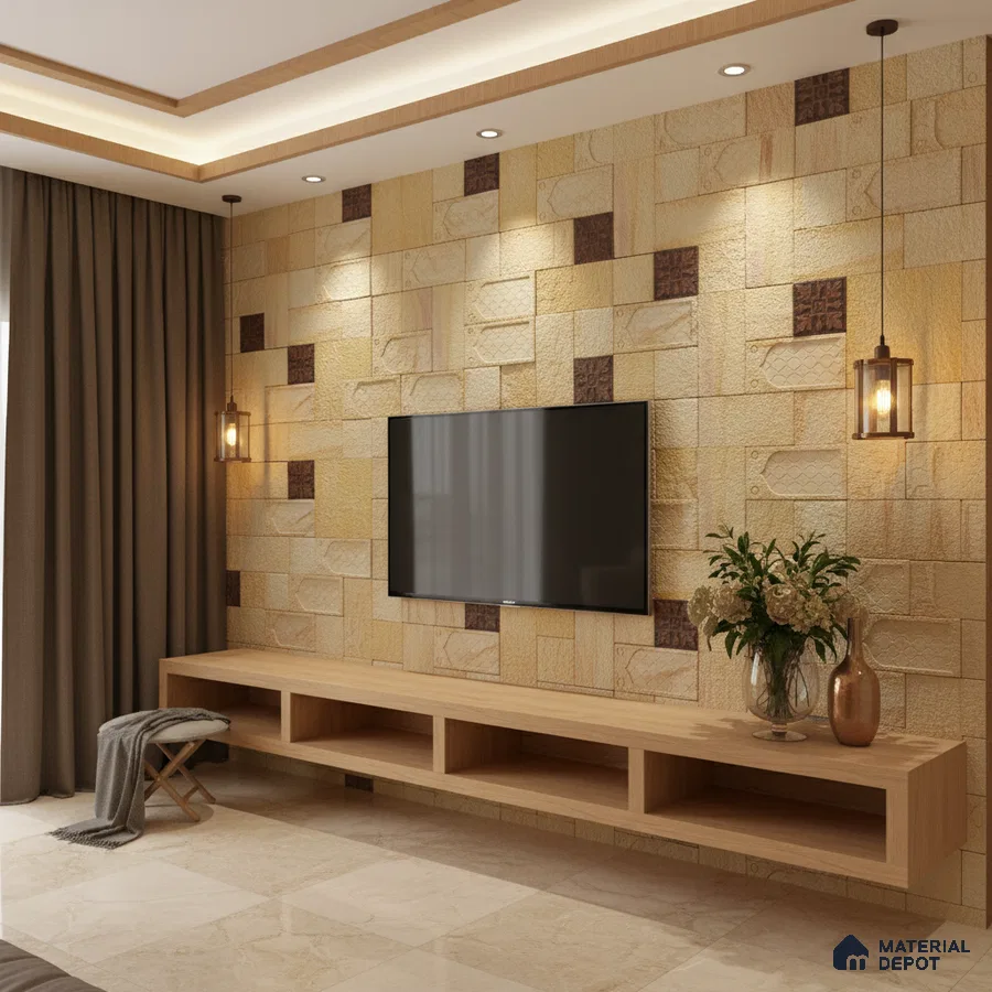 Modern living room with beige stone cladding accent wall and light oak TV unit in Bengaluru