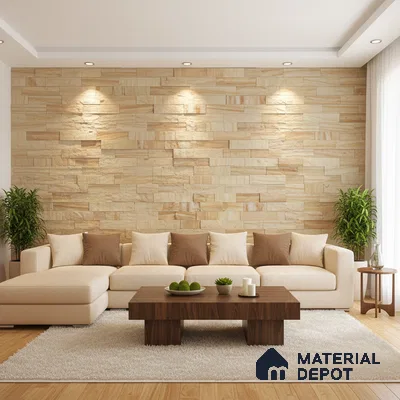 Modern living room with beige stone cladding accent wall and light oak wooden flooring in Bengaluru