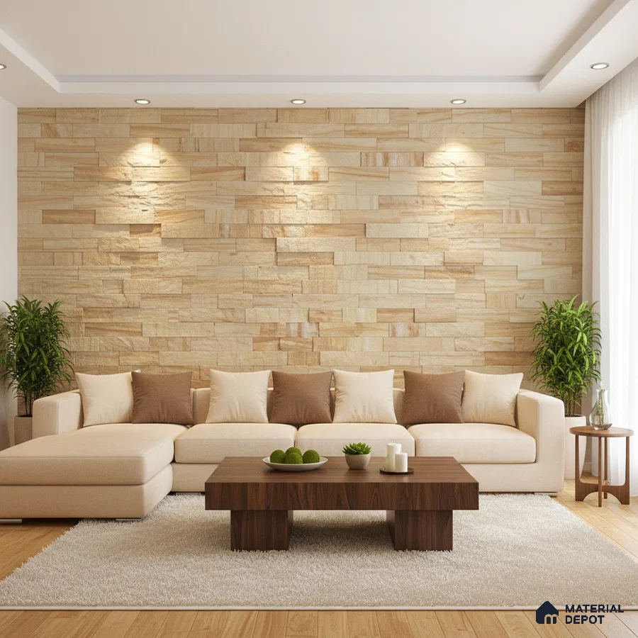 Modern living room with beige stone cladding accent wall and light oak wooden flooring in Bengaluru