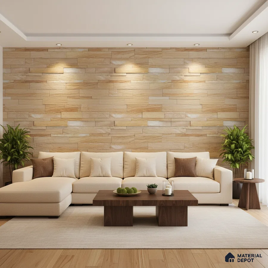 Modern living room with beige stone cladding accent wall and light oak wooden flooring in Bengaluru