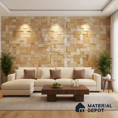 Modern living room with beige stone cladding accent wall and light oak wooden flooring in Bengaluru