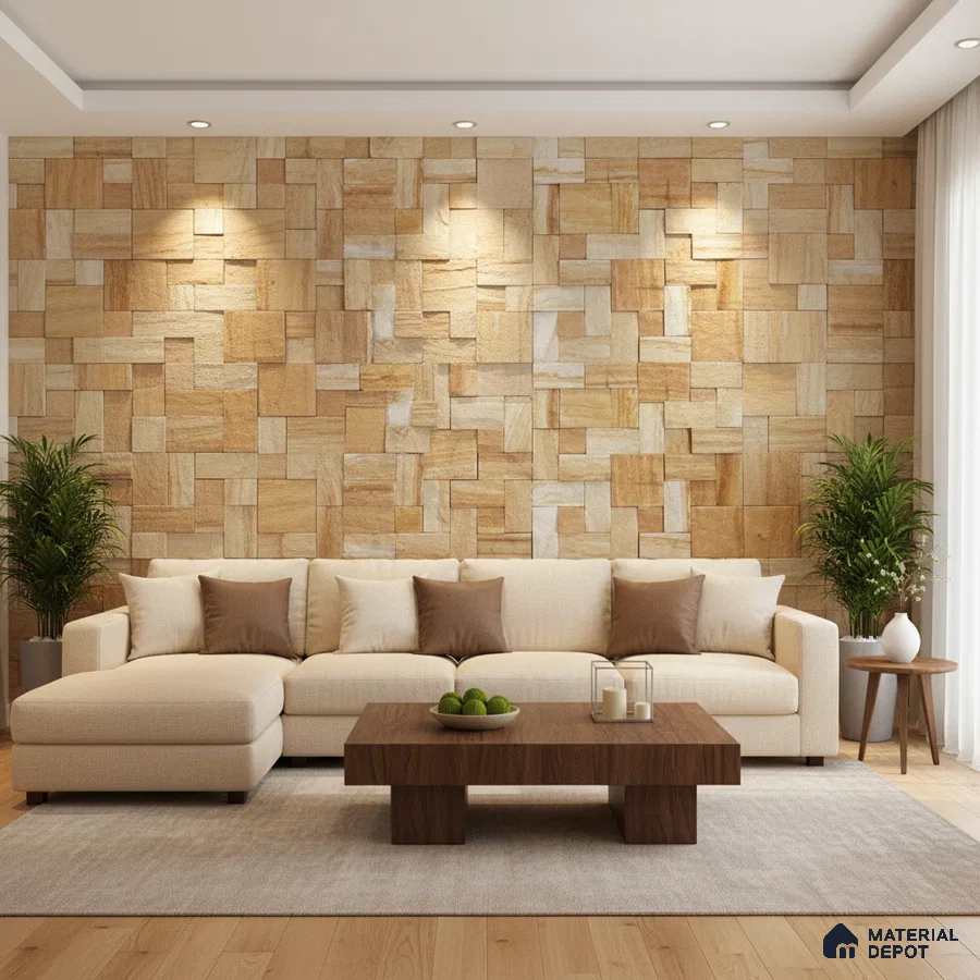 Modern living room with beige stone cladding accent wall and light oak wooden flooring in Bengaluru