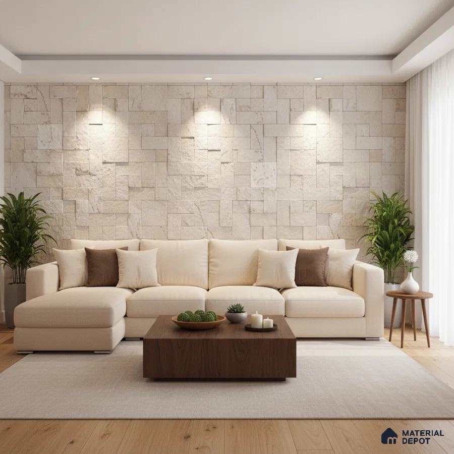 Modern living room with beige stone cladding accent wall and light oak wooden flooring in Bengaluru