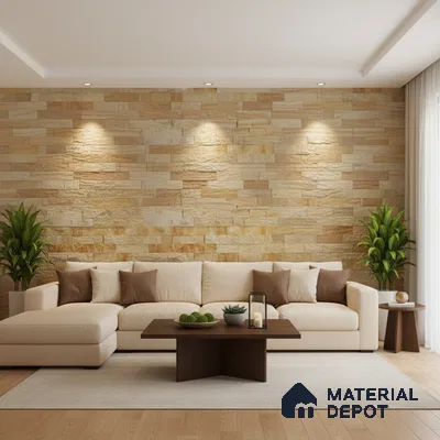 Modern living room with beige stone cladding accent wall and light wood flooring in Bengaluru
