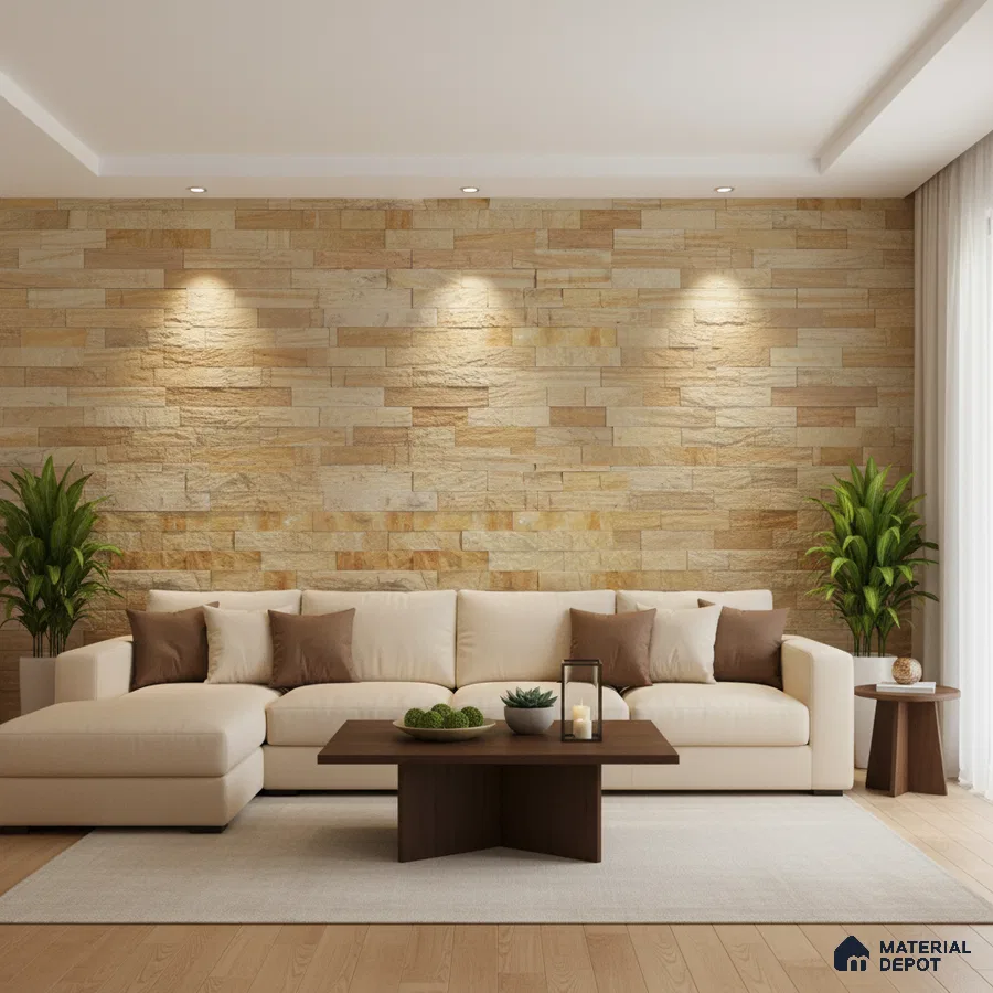 Modern living room with beige stone cladding accent wall and light wood flooring in Bengaluru