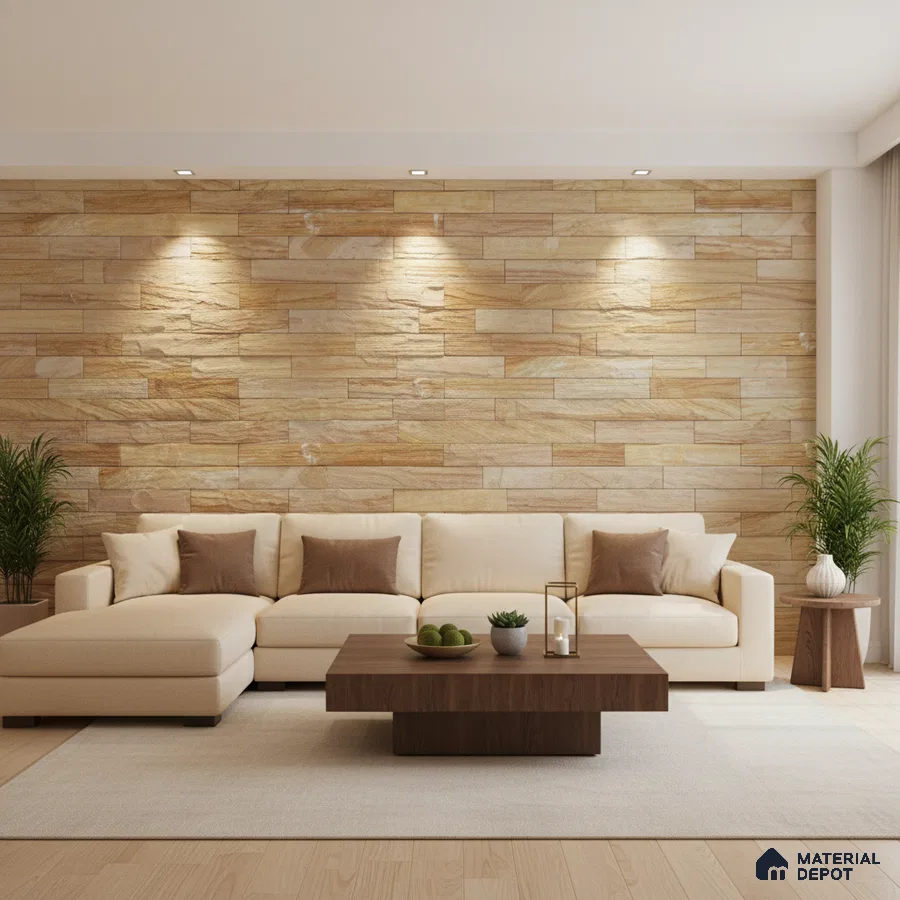 Modern living room with beige stone cladding accent wall and light wood flooring in Bengaluru