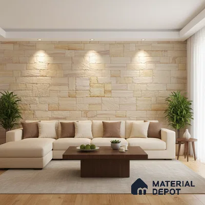 Modern living room with beige stone cladding accent wall and light wood flooring in Bengaluru