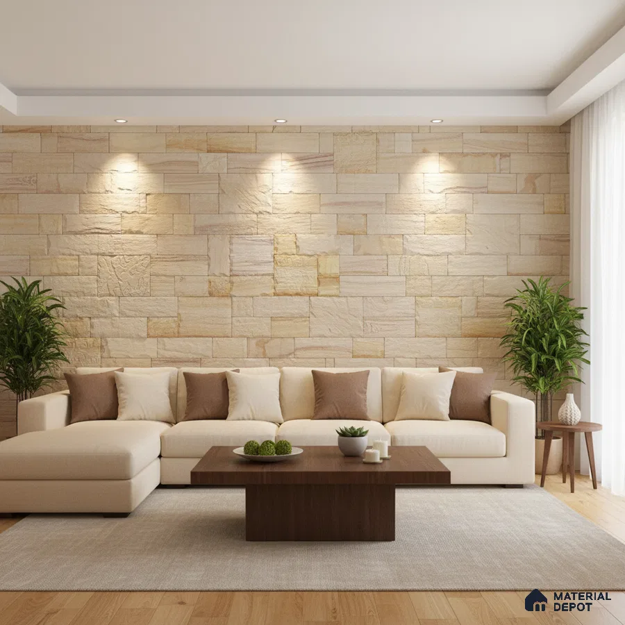 Modern living room with beige stone cladding accent wall and light wood flooring in Bengaluru