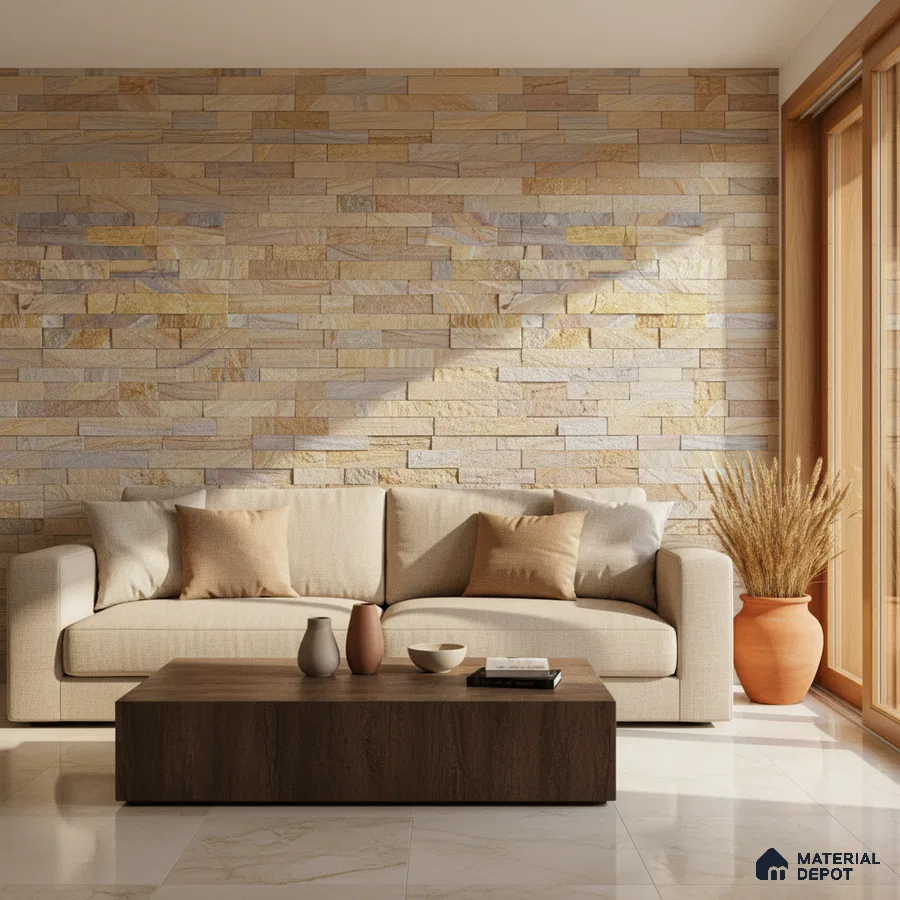 Modern living room with beige stone cladding accent wall and marble floor tiles in Bengaluru