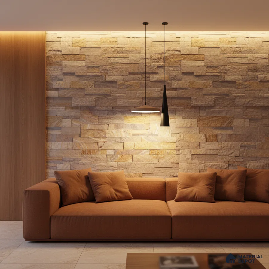 Modern living room with beige stone cladding accent wall and tan fabric sofa in Bengaluru
