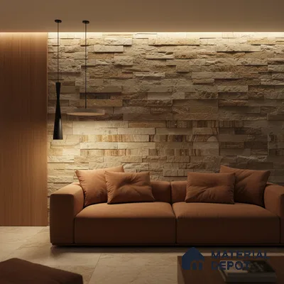 Modern living room with beige stone cladding accent wall and warm brown fabric sofa in Bengaluru
