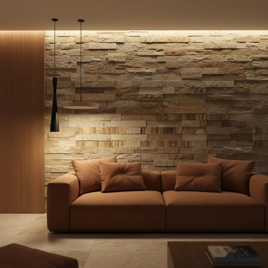 Modern living room with beige stone cladding accent wall and warm brown fabric sofa in Bengaluru