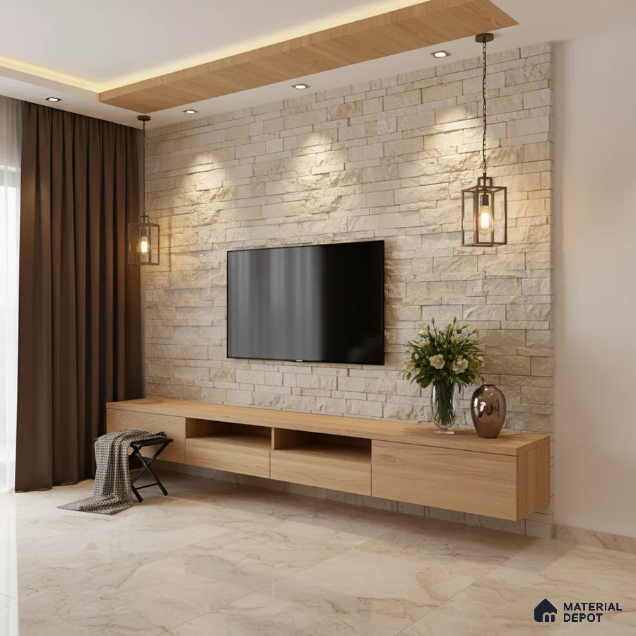 Modern living room with beige stone cladding accent wall, light oak laminate TV unit, and marble floor tiles in Bengaluru