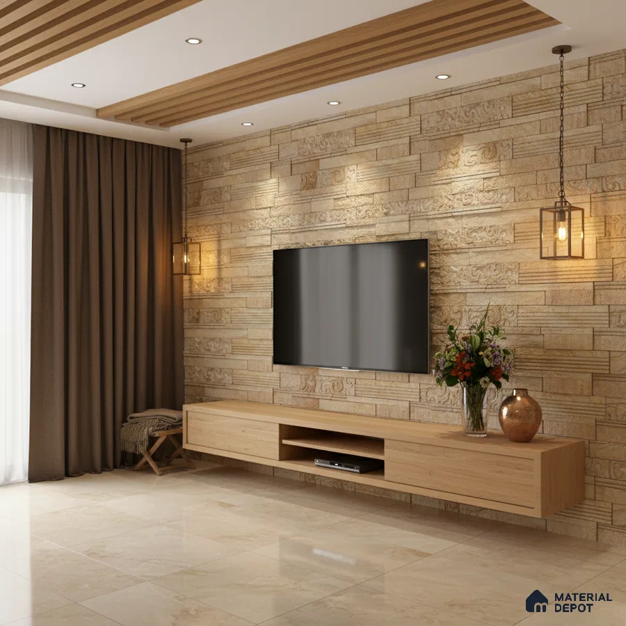 Modern living room with beige stone cladding accent wall, light oak laminate TV unit, and marble look floor tiles in Bengaluru