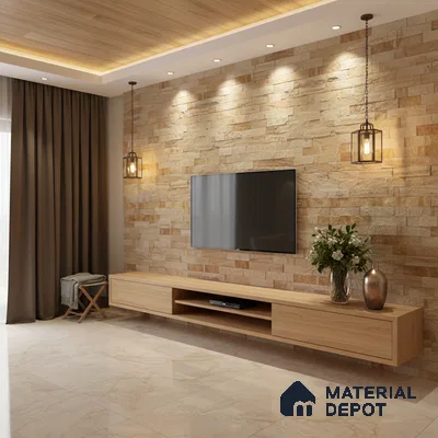 Modern living room with beige stone cladding accent wall, light oak laminate TV unit, and marble look floor tiles in Bengaluru