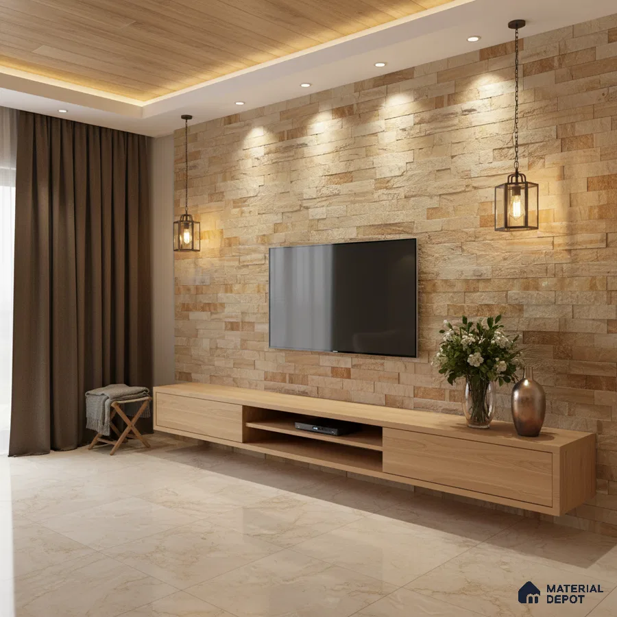 Modern living room with beige stone cladding accent wall, light oak laminate TV unit, and marble look floor tiles in Bengaluru