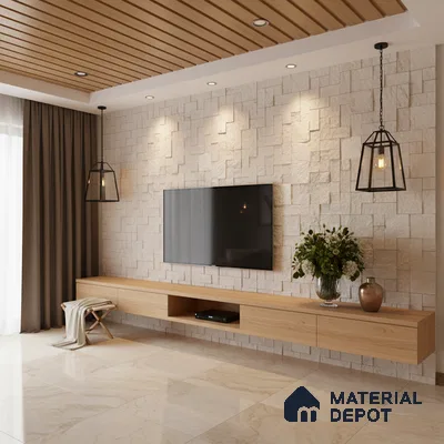 Modern living room with beige stone cladding accent wall, oak wood laminate TV unit, and marble look floor tiles in Bengaluru