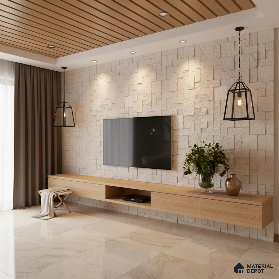 Modern living room with beige stone cladding accent wall, oak wood laminate TV unit, and marble look floor tiles in Bengaluru