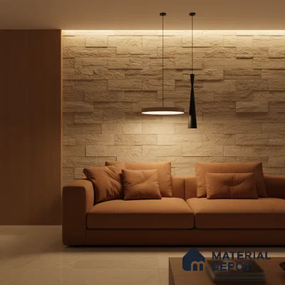 Modern living room with beige stone cladding wall and tan fabric sofa in Bengaluru