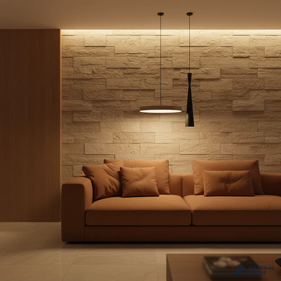 Modern living room with beige stone cladding wall and tan fabric sofa in Bengaluru