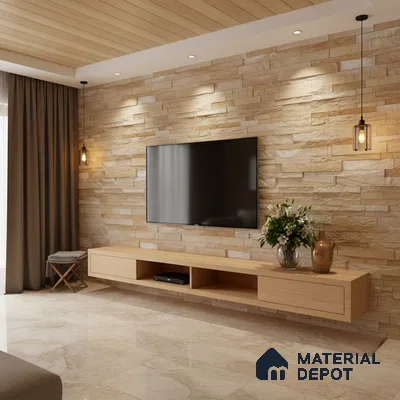 Modern living room with beige stone cladding wall, light oak laminate TV unit, and marble floor tiles in Bengaluru