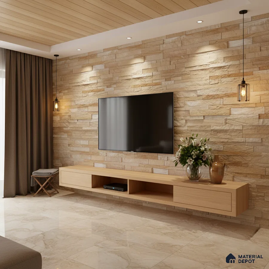 Modern living room with beige stone cladding wall, light oak laminate TV unit, and marble floor tiles in Bengaluru