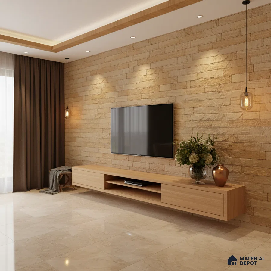 Modern living room with beige stone cladding wall, light oak laminate TV unit, and polished marble floor tiles in Bengaluru