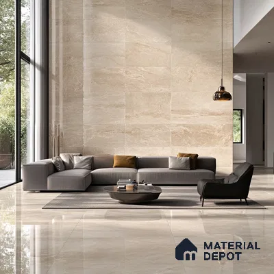 Modern Living Room with Beige Stone Wall and Sleek Marble Flooring | Material Depot