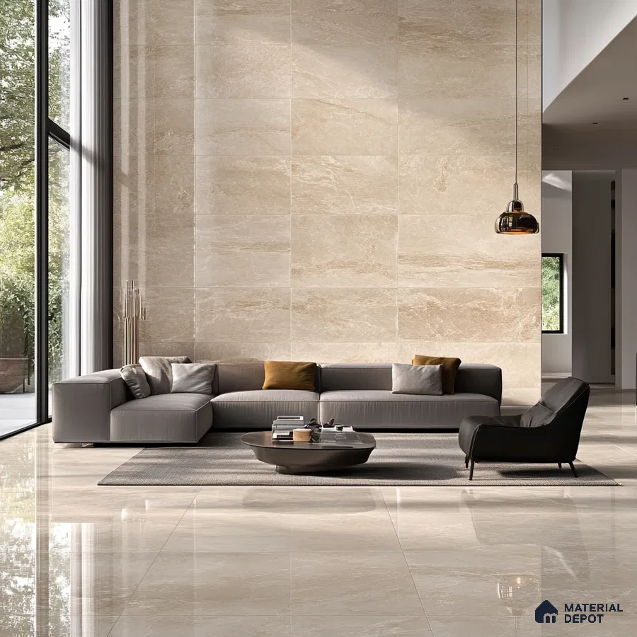 Modern Living Room with Beige Stone Wall and Sleek Marble Flooring | Material Depot