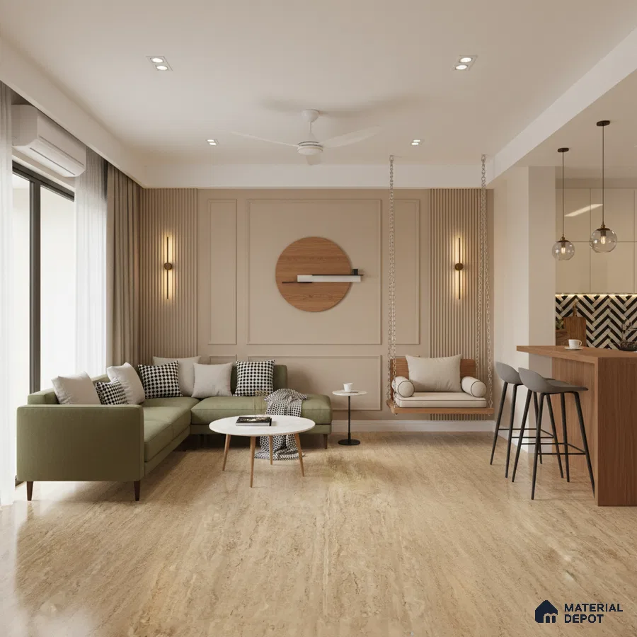 Modern living room with beige travertine floor tile, oak wood louver panels, and olive green sofa in Bengaluru