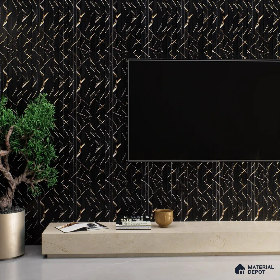 Modern Living Room with Black and Gold Metallic Wall Paneling | Material Depot