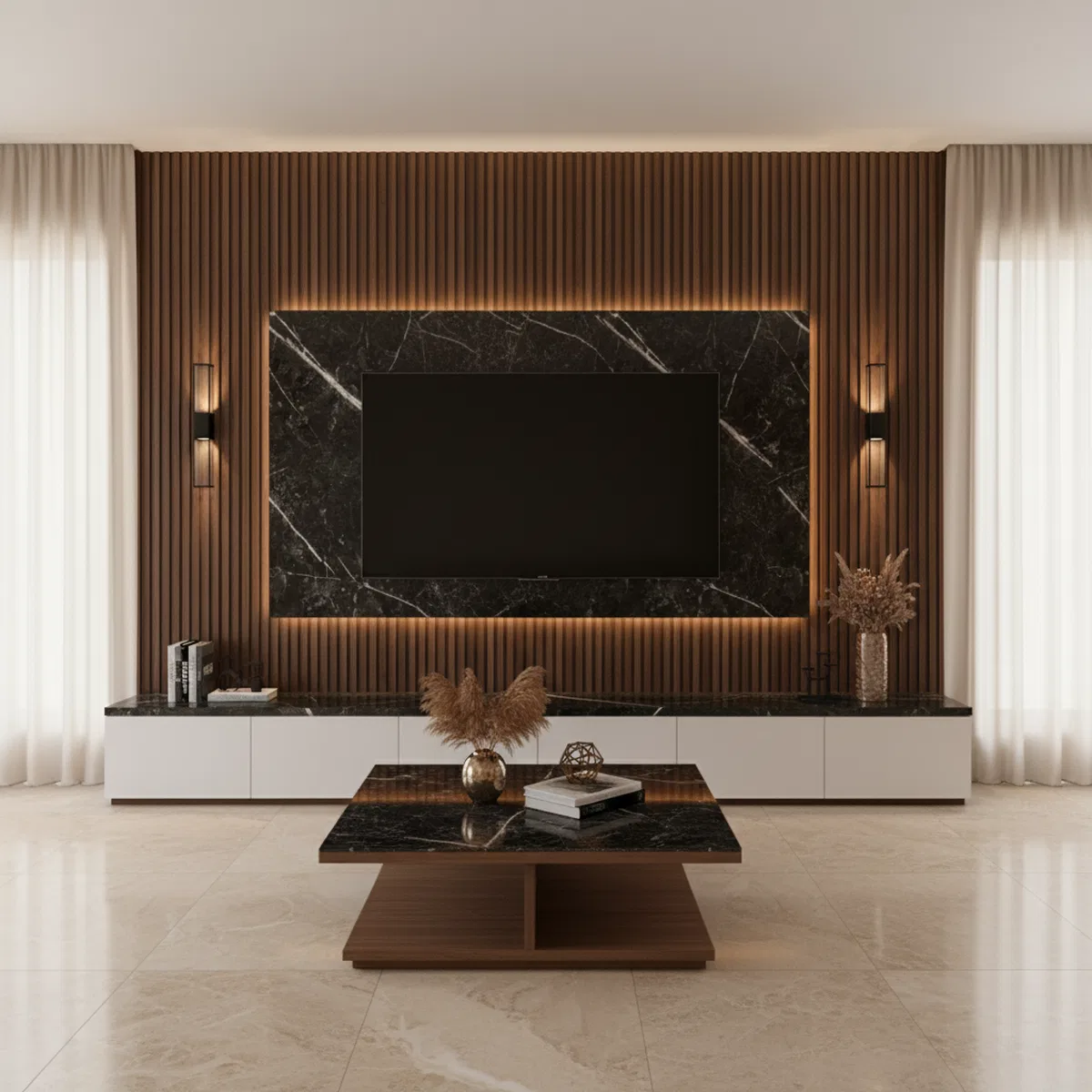Modern living room with black marble laminate TV unit, walnut wood ...