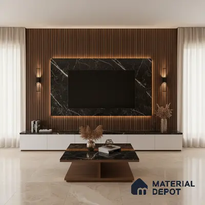 Modern living room with grey marble laminate TV unit, wooden fluted wall panels, and beige marble floor tiles in Bengaluru