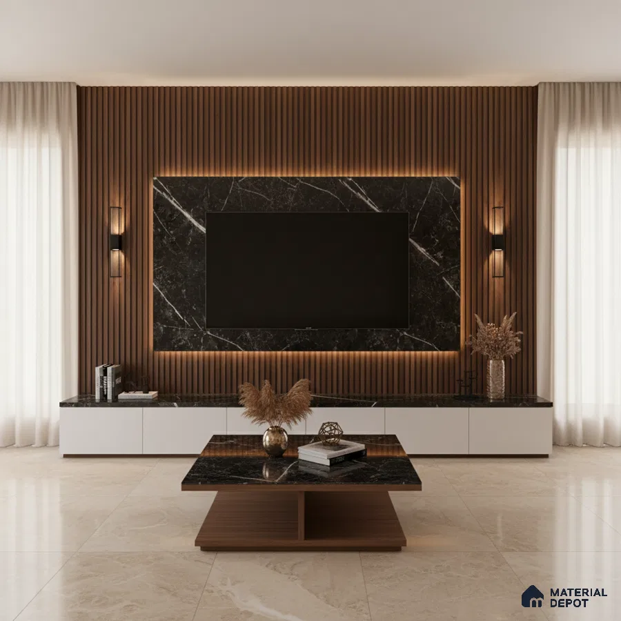 Modern living room with grey marble laminate TV unit, wooden fluted wall panels, and beige marble floor tiles in Bengaluru