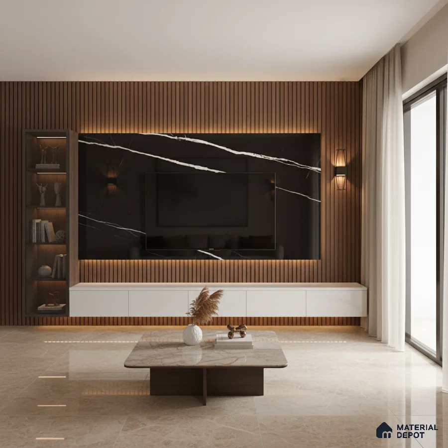 Modern living room with marble-look TV wall, wooden fluted panels, and beige marble floor tiles in Bengaluru
