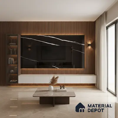 Modern living room with marble-look TV wall, wooden fluted panels, and beige marble floor tiles in Bengaluru
