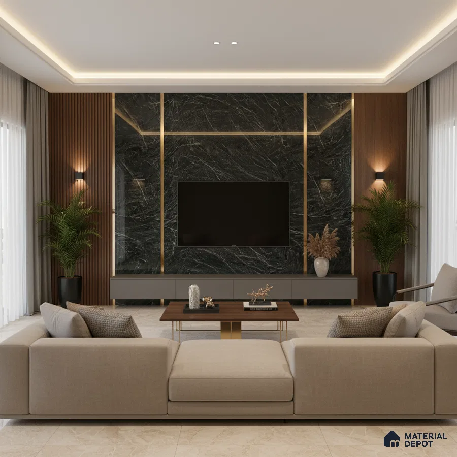 Modern living room with marble laminate TV wall, walnut wood louvers, and beige floor tiles in Bengaluru