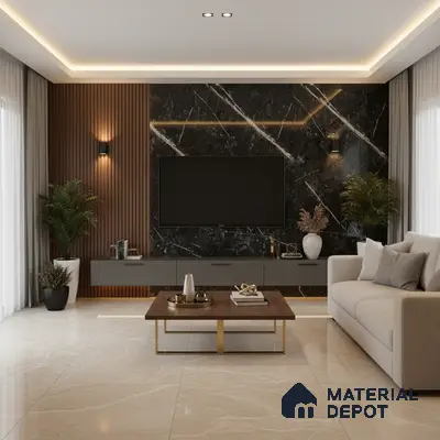 Modern living room with white marble laminate TV wall and vertical walnut wood louvers in Bengaluru