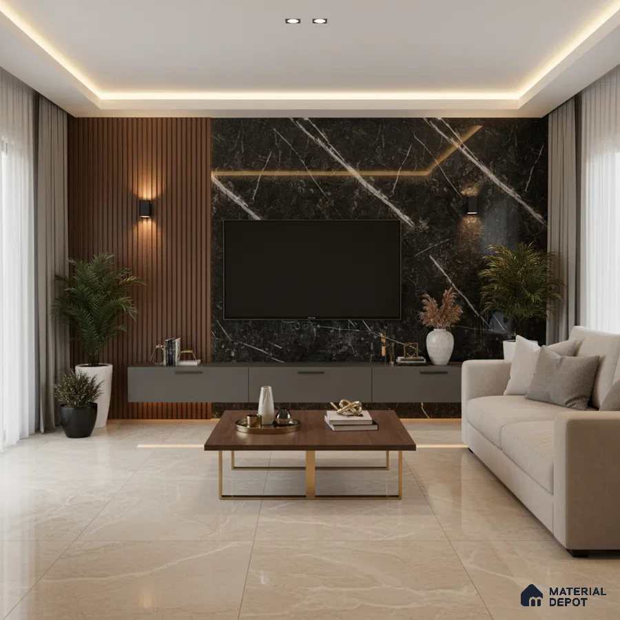 Modern living room with white marble laminate TV wall and vertical walnut wood louvers in Bengaluru