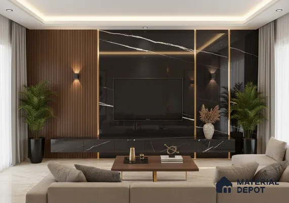 Modern living room with white marble laminate TV unit, wooden louvers, and beige marble floor tiles in Bengaluru