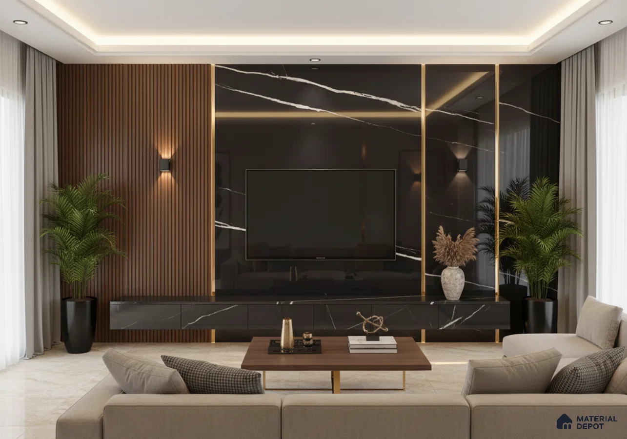 Modern living room with white marble laminate TV unit, wooden louvers, and beige marble floor tiles in Bengaluru