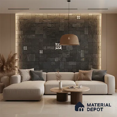 Modern living room with black stone cladding accent wall and beige marble floor tiles in Bengaluru