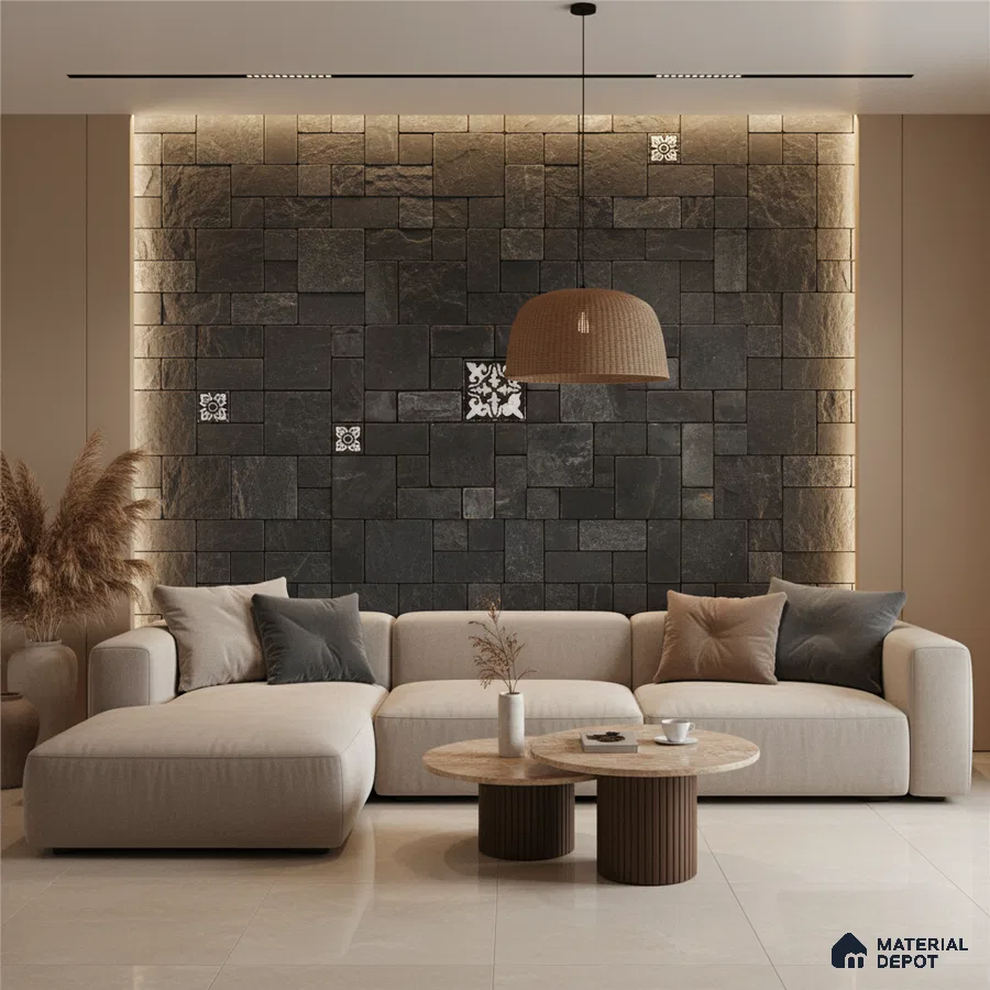 Modern living room with black stone cladding accent wall and beige marble floor tiles in Bengaluru
