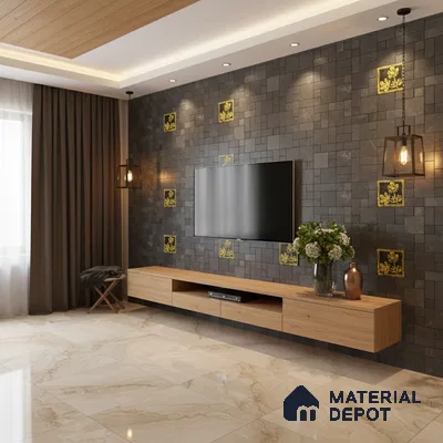 Modern living room with black textured stone tile accent wall, gold floral inlays, and beige marble floor tiles in Bengaluru