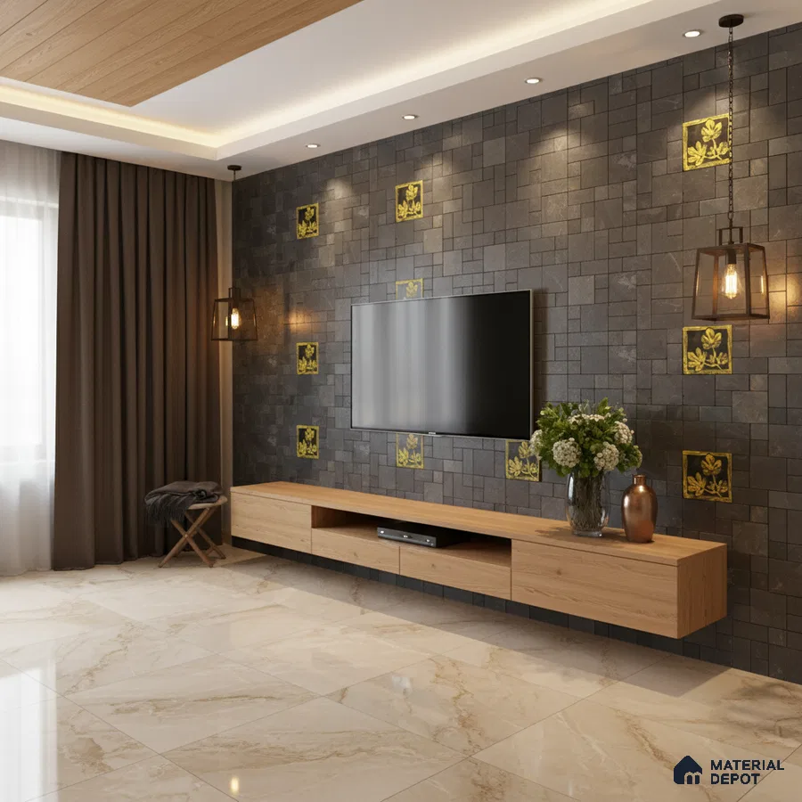 Modern living room with black textured stone tile accent wall, gold floral inlays, and beige marble floor tiles in Bengaluru