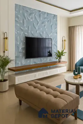 Modern Living Room with Blue Leaf Wallpaper TV Wall | Material Depot