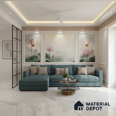 Modern living room with blue sectional sofa, floral mural wallpaper, and white marble floor tiles in Bengaluru