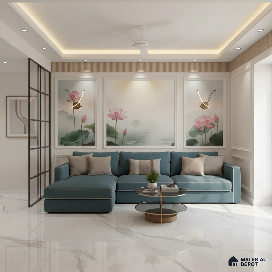 Modern living room with blue sectional sofa, floral mural wallpaper, and white marble floor tiles in Bengaluru